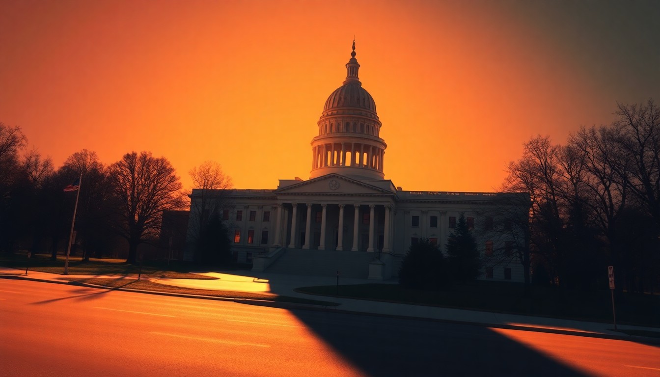 A photorealistic painting of the Pennsylvania State Capitol building, rendered in a warm, cinematic style with dramatic lighting and shadows, conveying a sense of quiet contemplation about the state's political landscape.