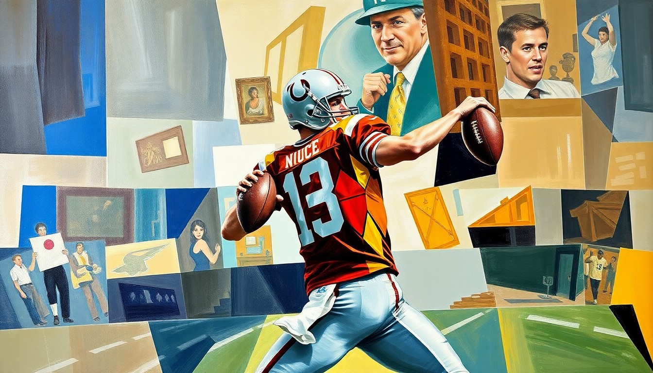 A cubist, geometric painting depicting a football quarterback in motion, with the player's body and the ball broken down into sharp, overlapping planes of color and shape.
