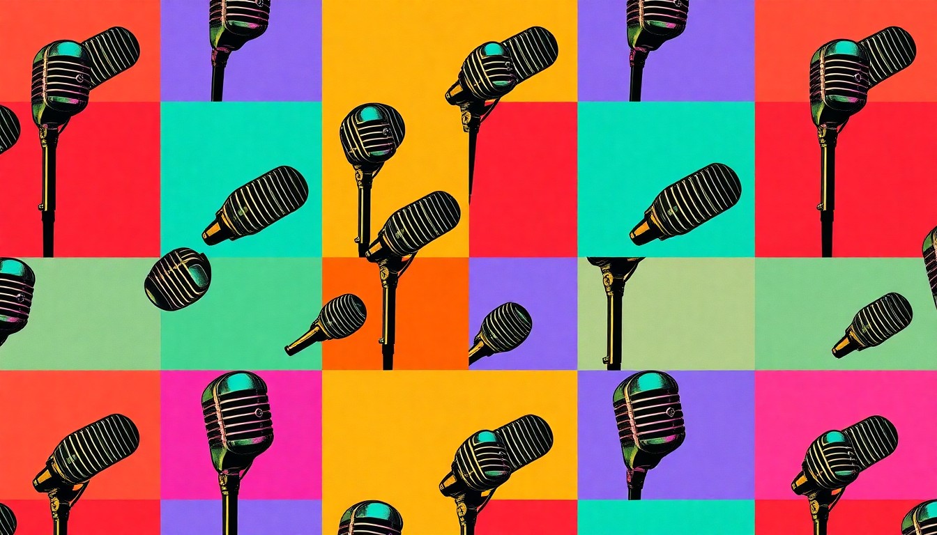 A brightly colored, high-contrast silkscreen print of a vintage radio microphone repeated in a tight grid pattern, conceptually representing the influential career of a pioneering radio personality.