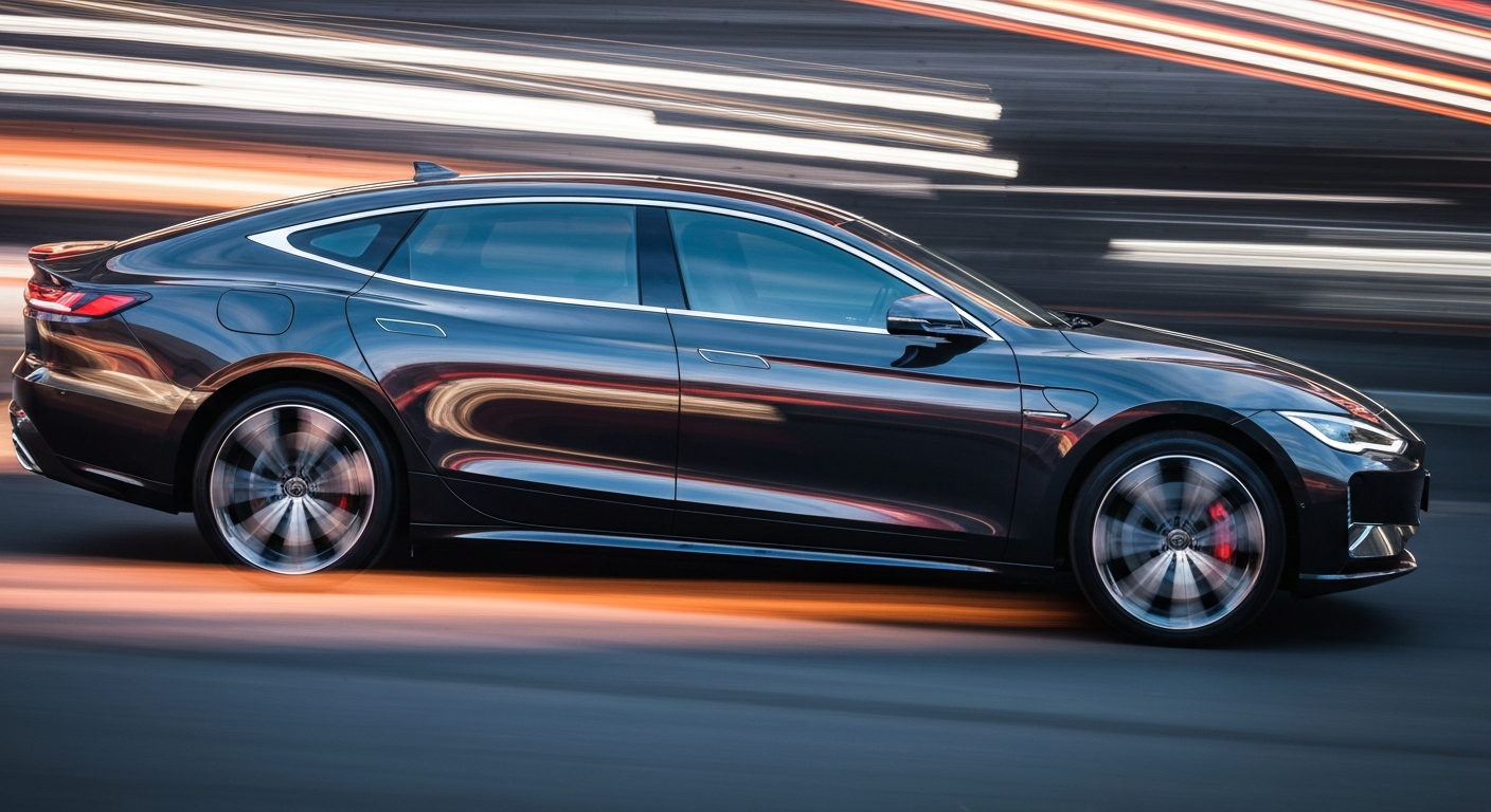 An abstract, blurred image of a speeding electric sedan, conveying a sense of modern engineering, high-speed travel, and the competitive tensions in the global automotive industry.