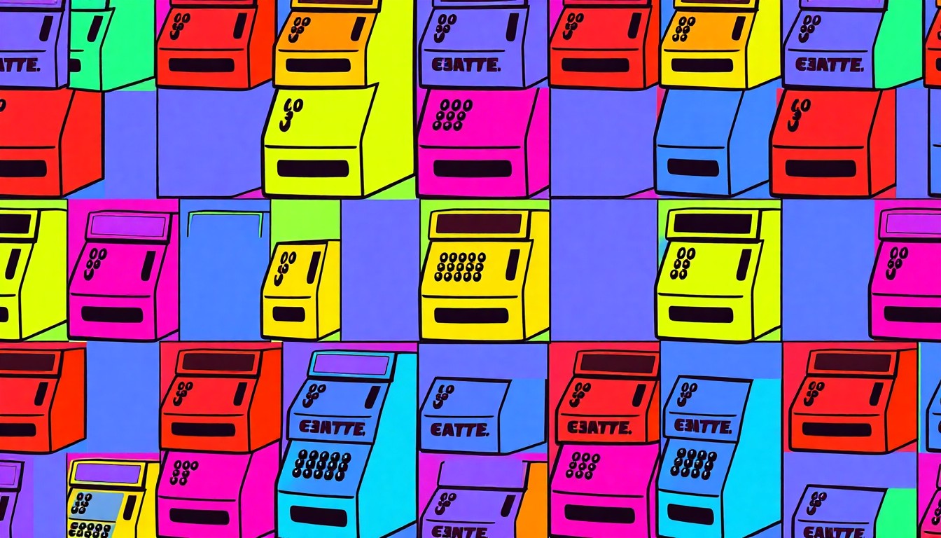 A brightly colored, high-contrast silkscreen print of a vintage cash register icon repeated in a tight grid pattern, conceptually representing the energy and community spirit of a local garage sale event.