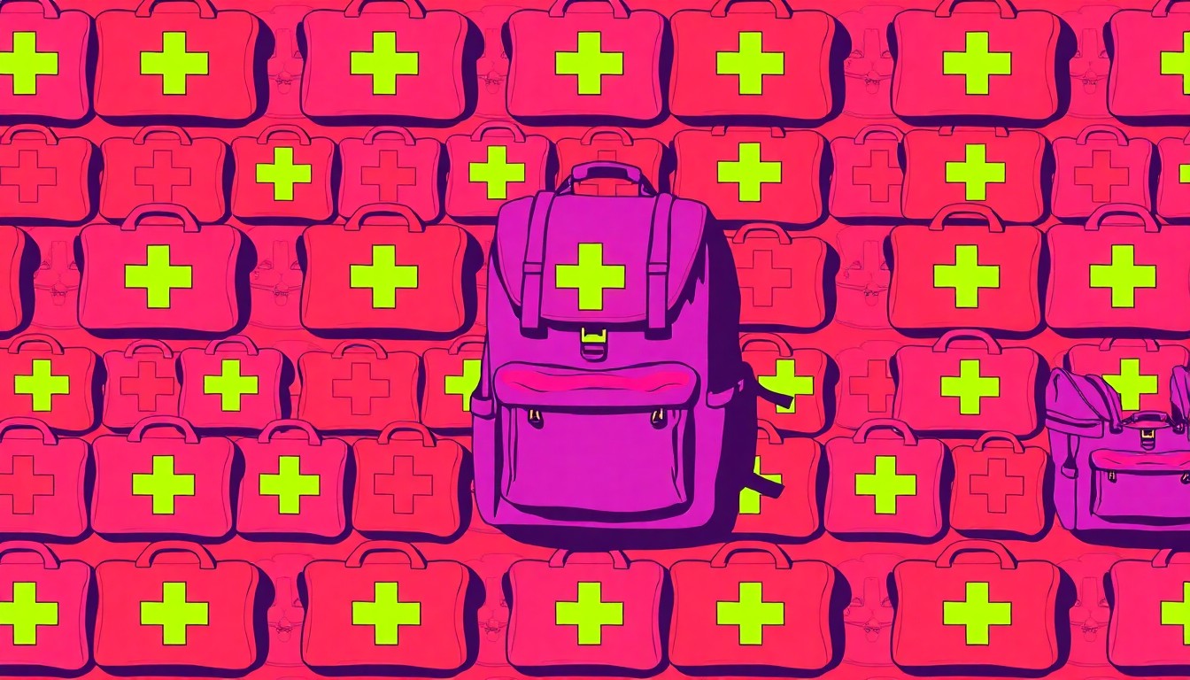 A brightly colored, high-contrast silkscreen print of a medical supply kit repeated in a tight grid pattern, capturing the humanitarian spirit of Rene Koehler's efforts to aid those in need.