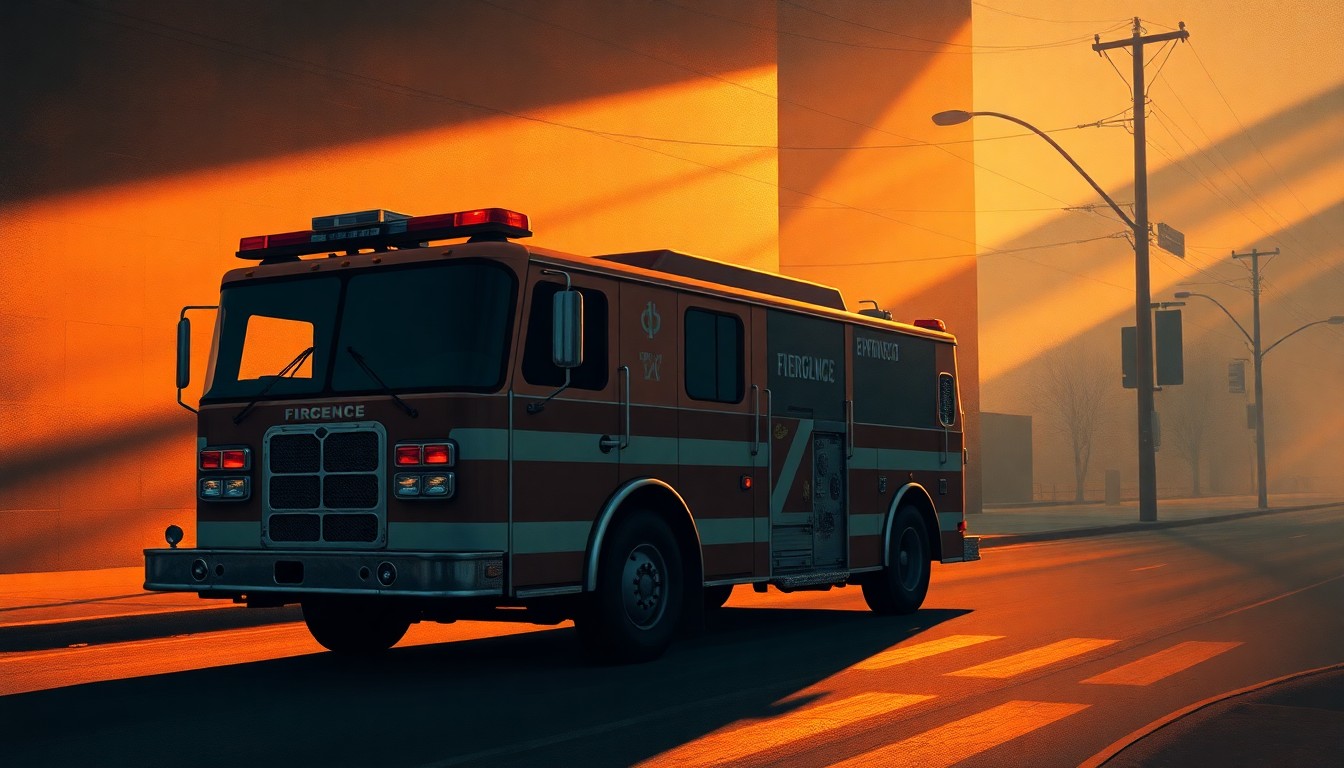 A serene, cinematic painting depicting a lone, weathered emergency vehicle parked on a deserted urban street, the vehicle's faded paint and cracked windows conveying a sense of neglect and abandonment, reflecting the political tensions surrounding disaster aid allocation.