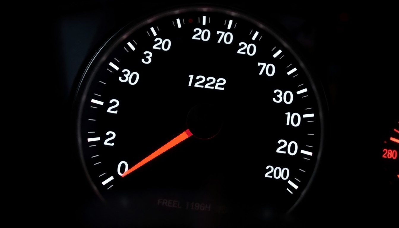 An extreme close-up photograph of a car's speedometer needle pegged at 126 mph, creating a stark, gritty, investigative aesthetic through dramatic lighting and a pitch-black background.