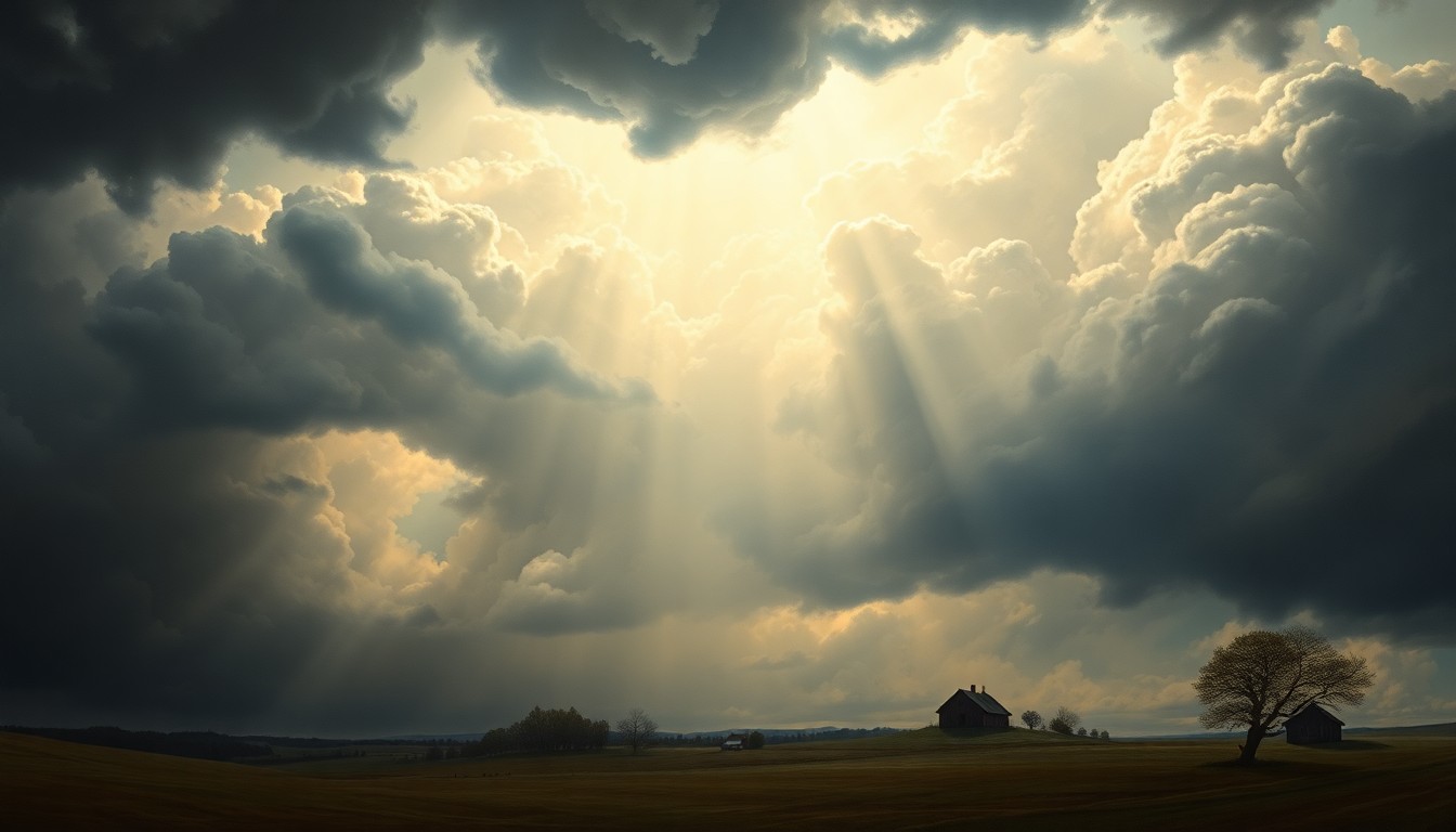 A vast, atmospheric landscape painting depicting an ominous, stormy sky filled with dramatic clouds and rays of light, dwarfing a small farmhouse or barn in the distance, conveying the overwhelming power of the natural world.