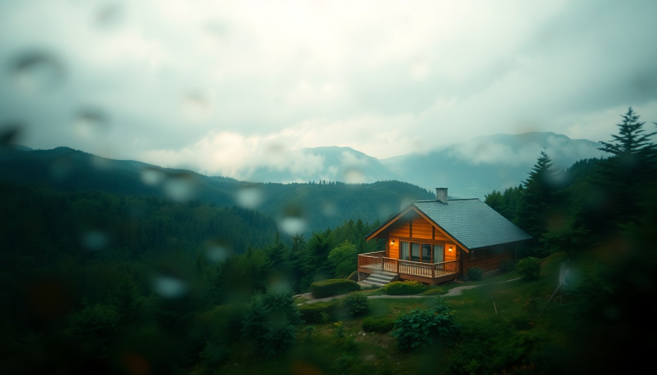 An extremely blurred and abstracted image of a cozy mountain cabin surrounded by lush greenery, with warm, soft pools of light and color creating a serene, dreamlike atmosphere.