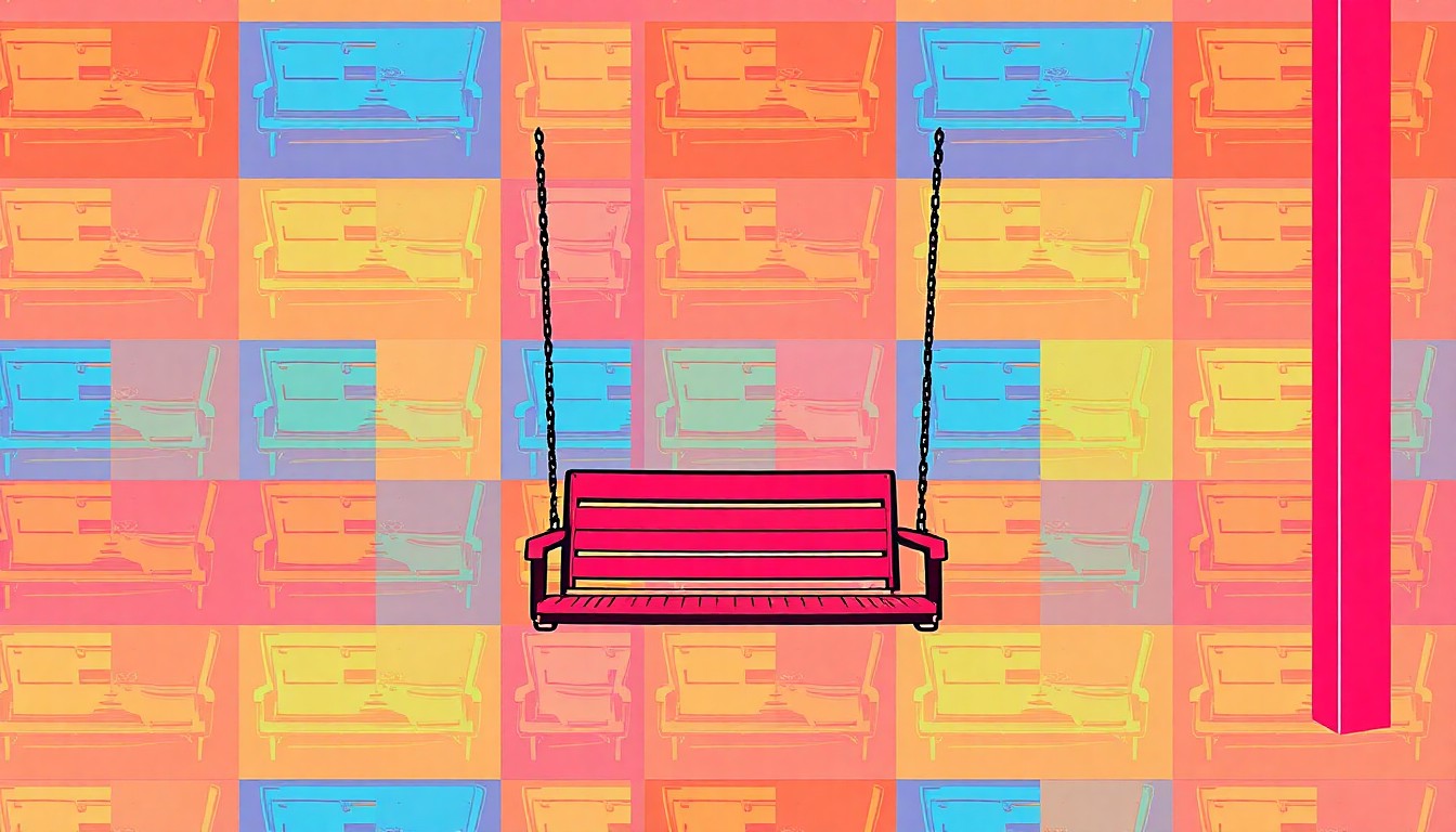 A high-contrast silkscreen print in neon colors depicting a repeated image of a community pool sign or porch swing, turning an everyday neighborhood object into a modern pop art piece.