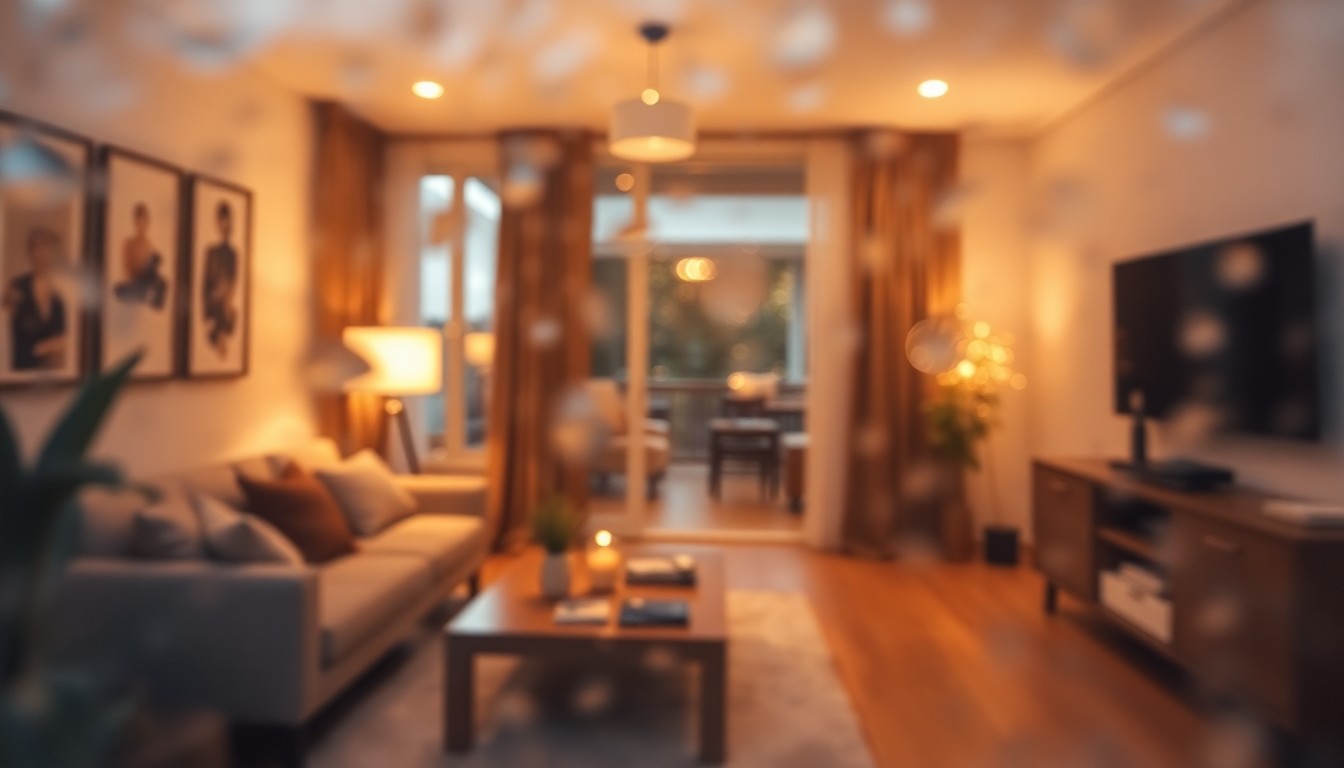 An abstract, impressionistic photograph depicting a softly lit, cozy living room scene with blurred, out-of-focus details, conveying a sense of warmth and relaxation.