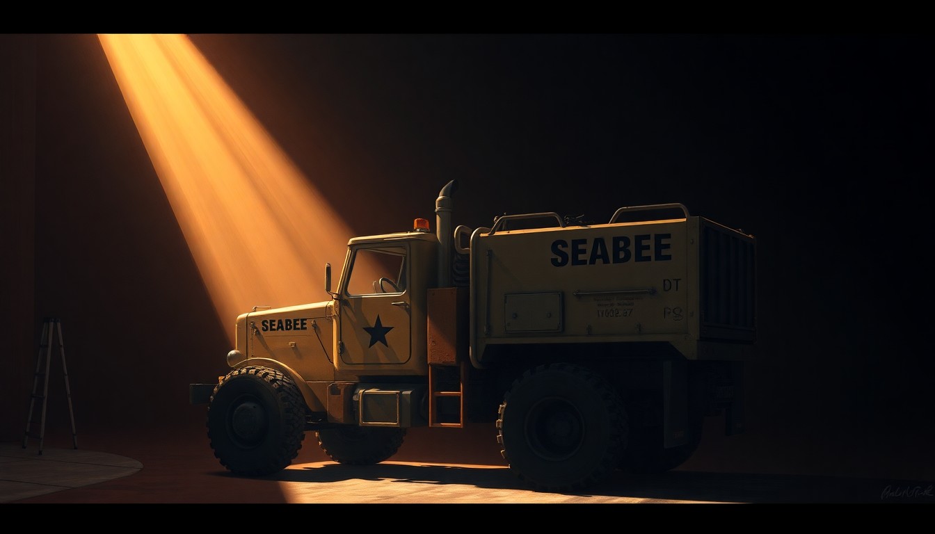 A detailed, photorealistic painting of a Seabee construction vehicle or piece of equipment, such as a bulldozer or crane, bathed in warm, golden sunlight and casting long shadows across a quiet, urban landscape.