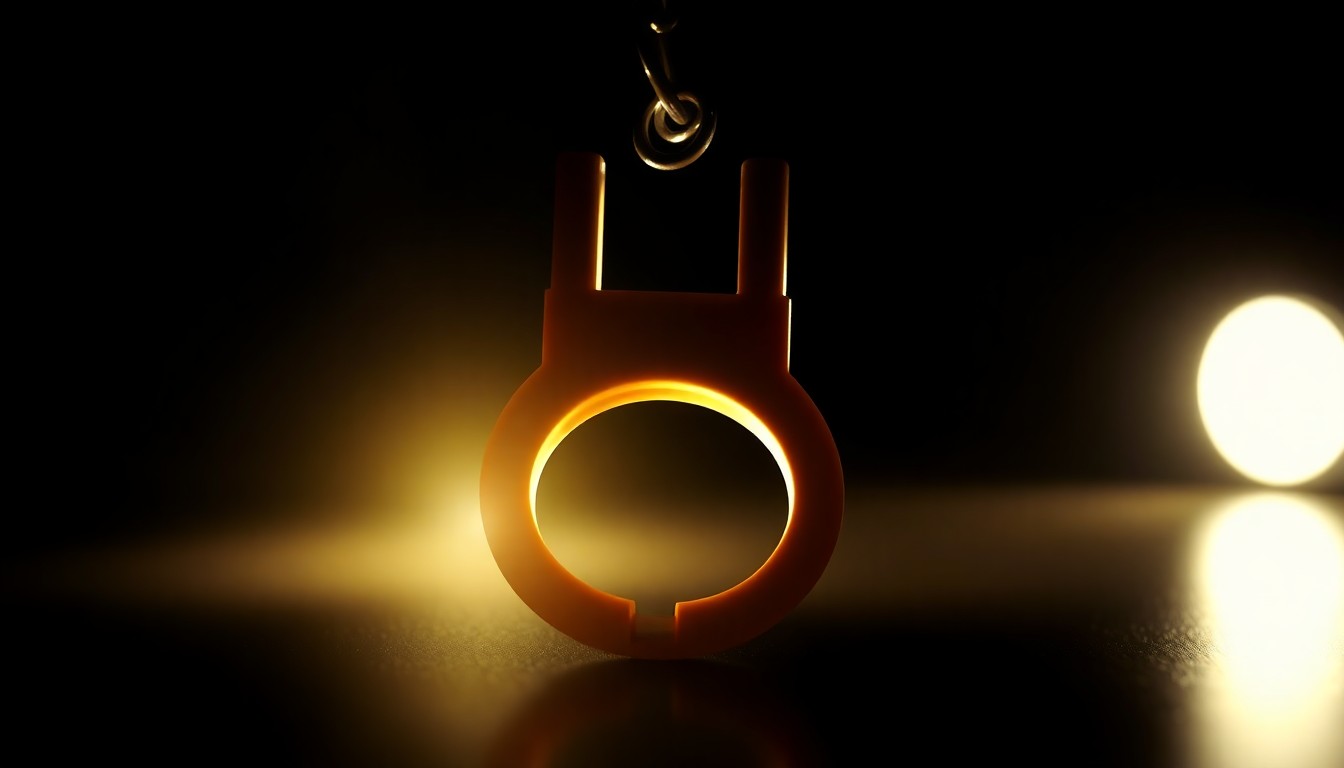 An extreme close-up photograph of a small metal handcuff or other crime-related object, lit dramatically by a harsh, direct camera flash against a pitch-black background, creating a stark, gritty, investigative aesthetic.