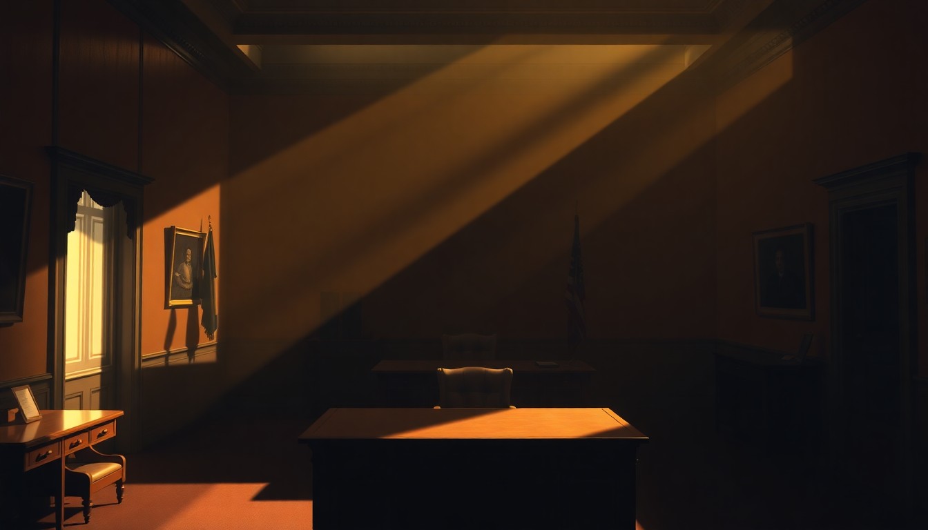 A dimly lit, cinematic painting of an empty political office desk or legislative chamber, with warm sunlight streaming in through a window and casting long shadows across the room, conveying a sense of uncertainty and transition in the California governor's race.