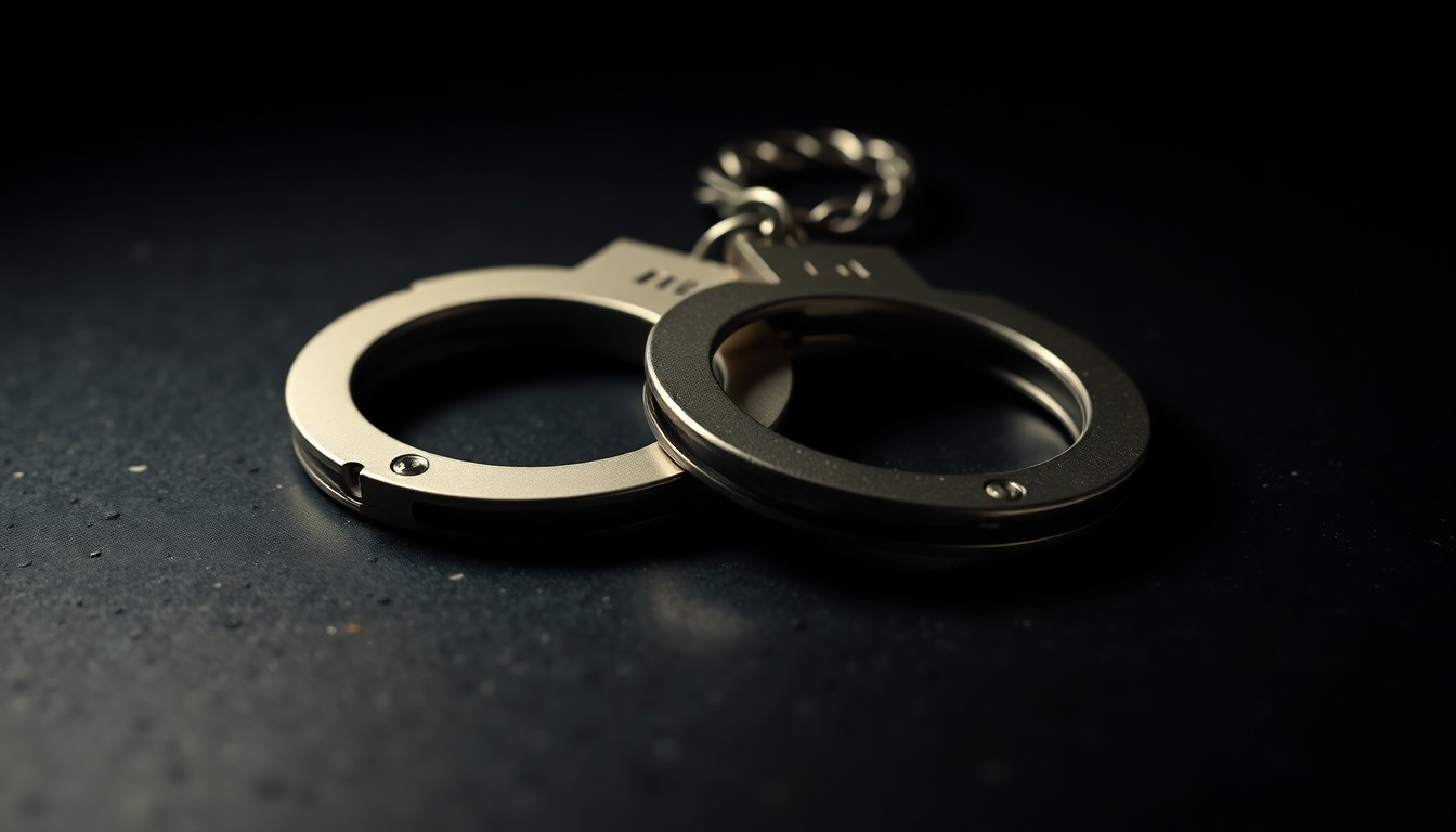 An extreme close-up photograph of a pair of metal handcuffs resting on a dark, textured surface, conveying a sense of investigative urgency around a crime.