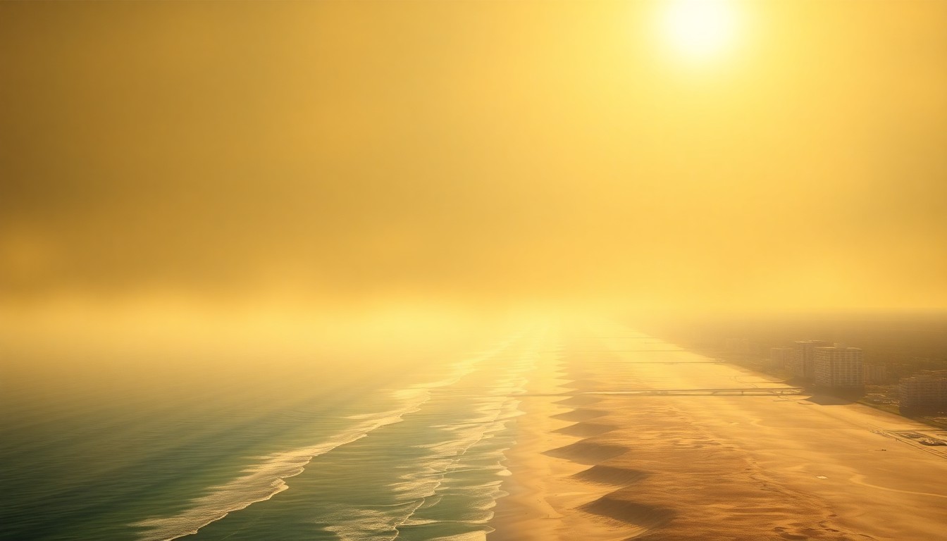 A sweeping, atmospheric landscape painting in muted tones of gold, orange, and blue, capturing the vast, sublime scale of the Daytona Beach coastline under the intense glare of the sun.