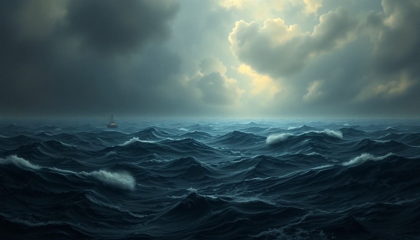 A vast, atmospheric landscape painting depicting a stormy, choppy ocean with dramatic lighting and deep perspective, conveying the overwhelming scale and power of the natural environment.