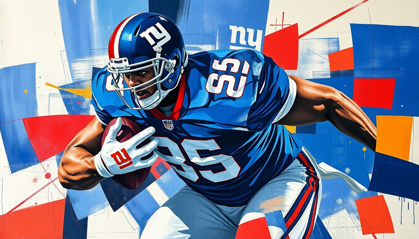 A cubist-style painting depicting a defensive lineman in action, with the player's form broken down into sharp, overlapping geometric shapes in the Giants' blue and red colors, conveying the complex negotiations surrounding Lawrence's future with the team.