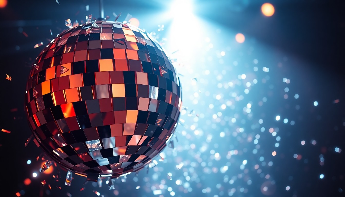 An abstract close-up image of shimmering, reflective disco ball fragments against a dark background, conveying the glamour and energy of a lively music festival.