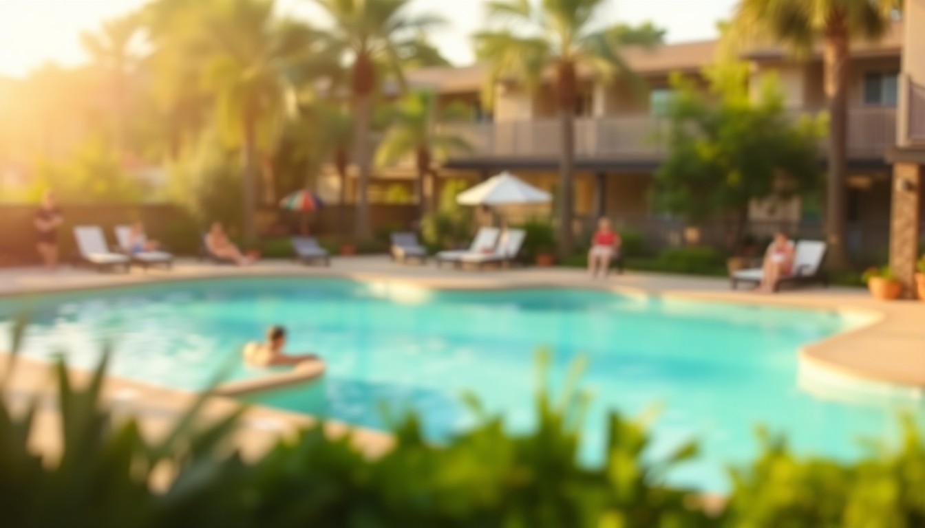 An abstract, out-of-focus photograph in soft, warm tones depicting a glimpse of a swimming pool and lush greenery, conveying the relaxed, resort-like atmosphere of the Stonegate community.
