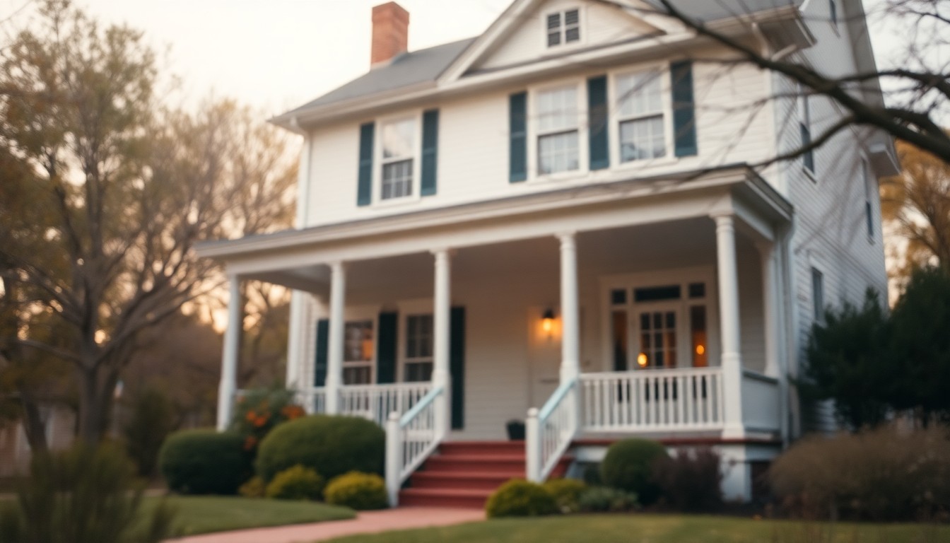 An extremely abstracted, out-of-focus photograph in soft pools of warm color and light, depicting the exterior of a classic early 20th century colonial-style home with a covered front porch and surrounding landscaping.