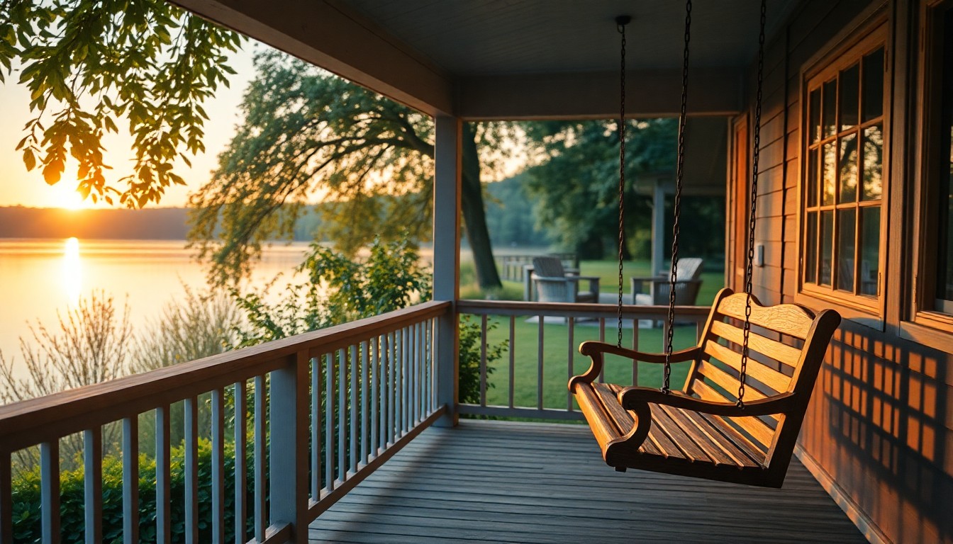 An extremely abstracted, out-of-focus photograph of a lakeside porch with a wooden swing, surrounded by lush greenery and reflecting the warm glow of the sunset, conveying a sense of tranquility and escape.