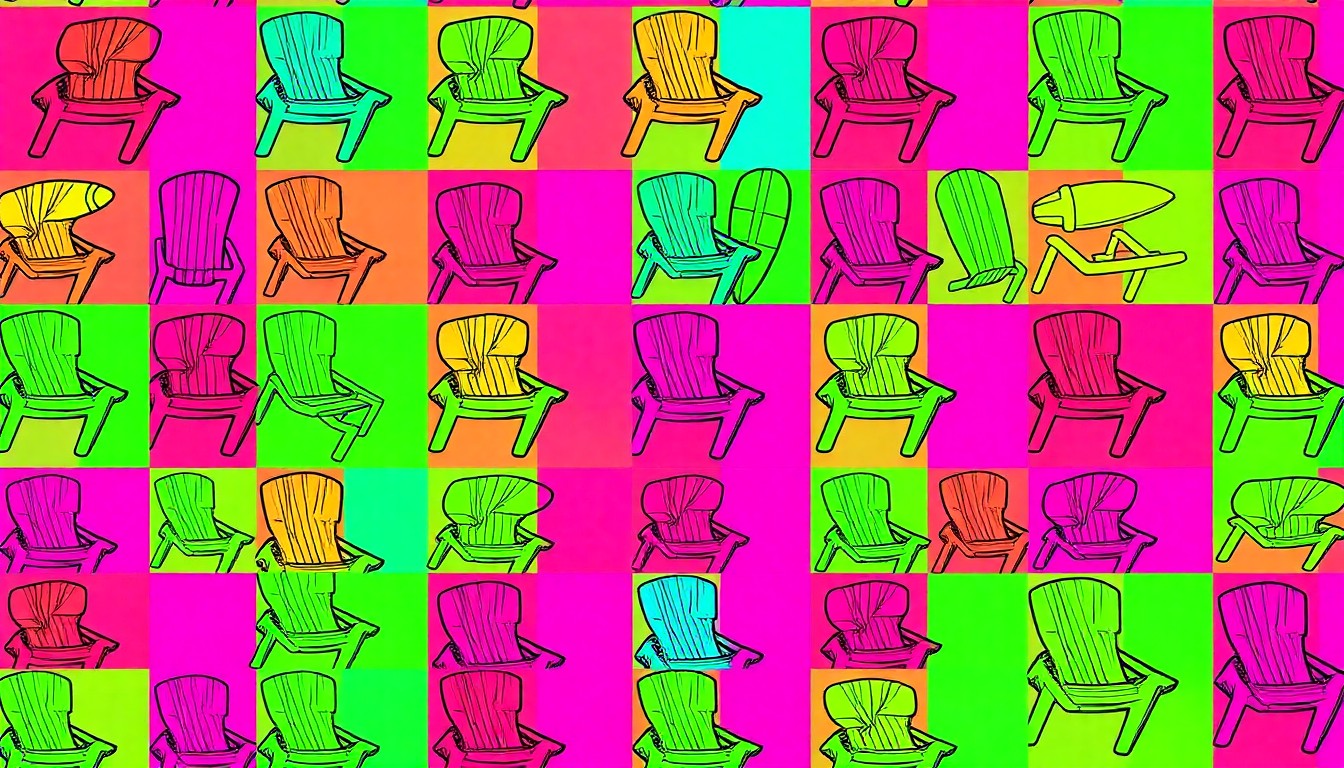 A brightly colored, high-contrast silkscreen print of a single, iconic beach chair repeated in a tight grid pattern, capturing the modern coastal aesthetic of the renovated townhome.