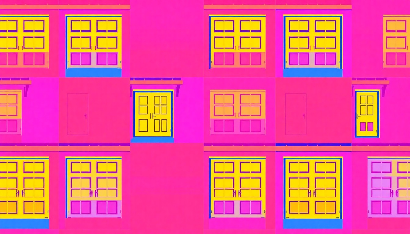 A high-contrast silkscreen print in neon pink, yellow, and blue hues depicting a repeating pattern of a single residential window frame, conceptually representing the visual appeal of a newly listed Sacramento home.