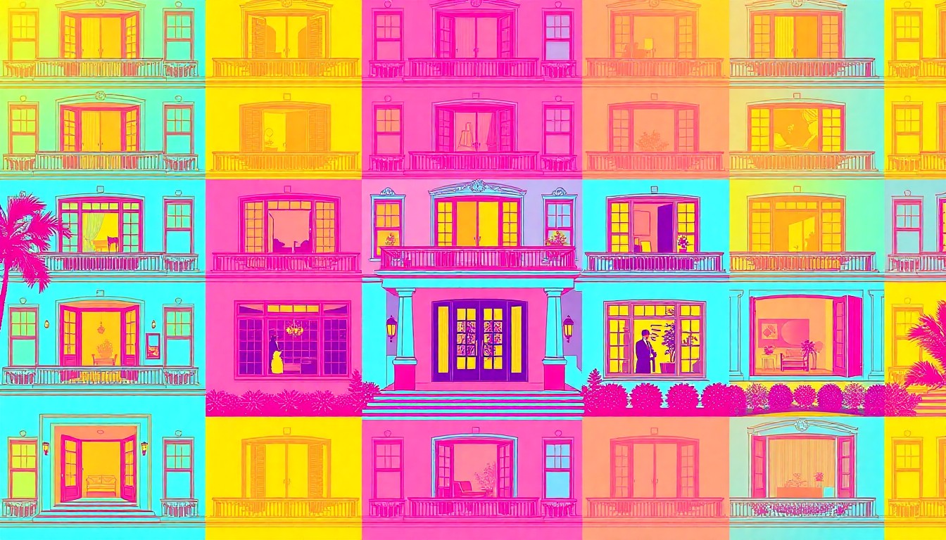 A brightly colored, high-contrast silkscreen print of a grand residential entryway repeated in a tight grid pattern, capturing the luxury and visual appeal of this Reading, PA home.