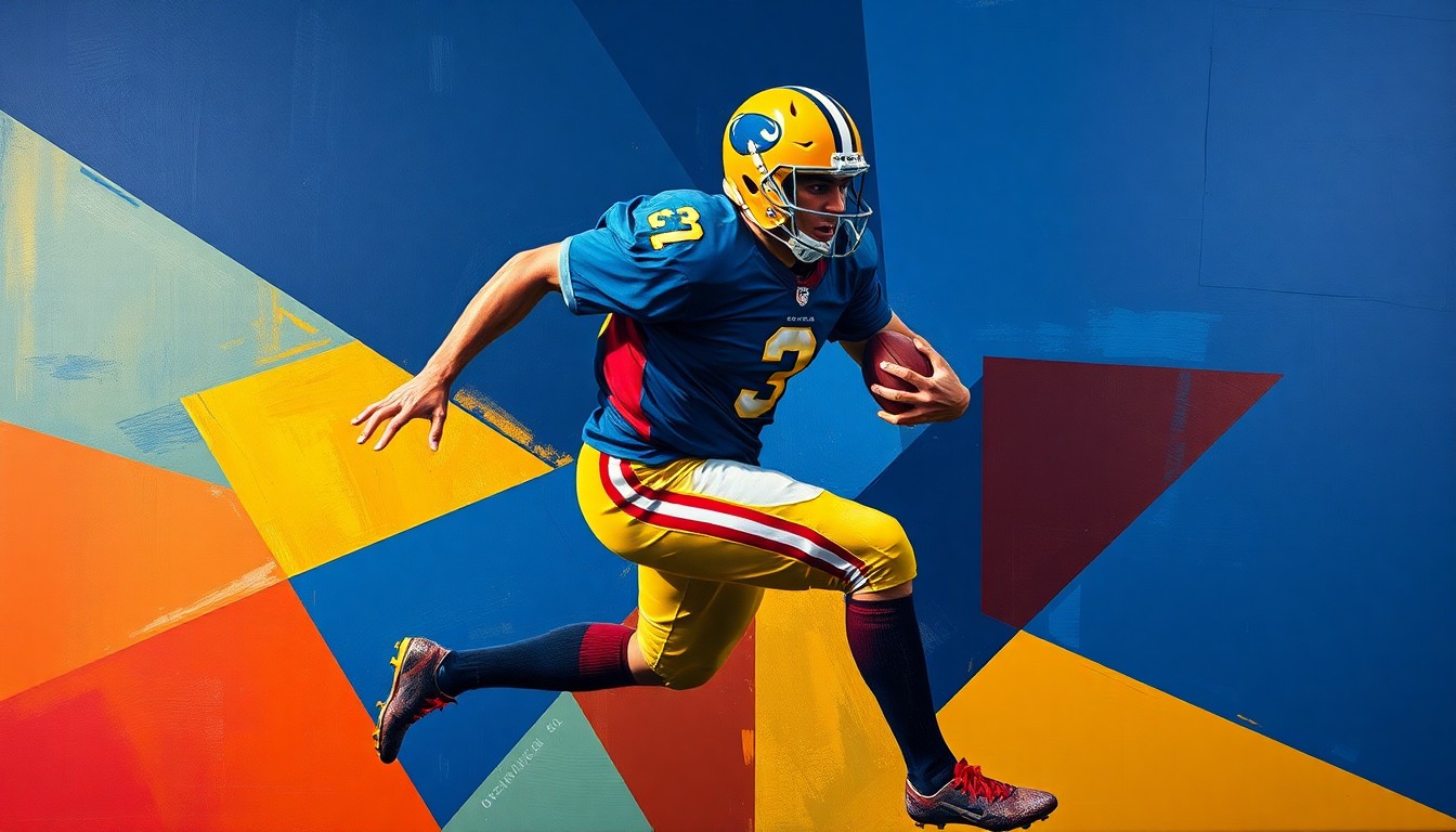 A fractured, cubist-style painting depicting a football player in motion, with sharp geometric planes of navy, gold, and crimson red colors overlapping to create a dynamic, energetic visual representation of the sport.