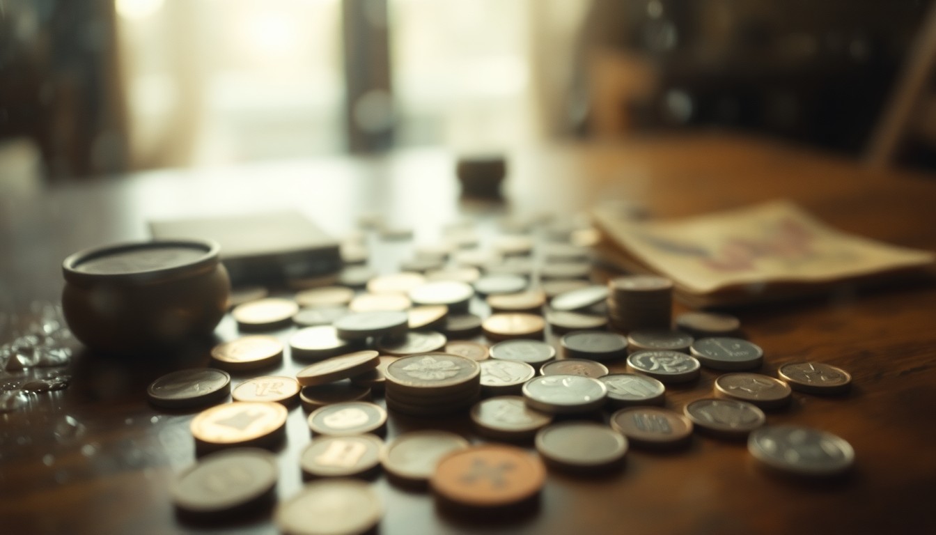 An abstract, impressionistic photograph of scattered antique coins and currency in soft focus, conveying the atmospheric mood of a classic numismatic auction.