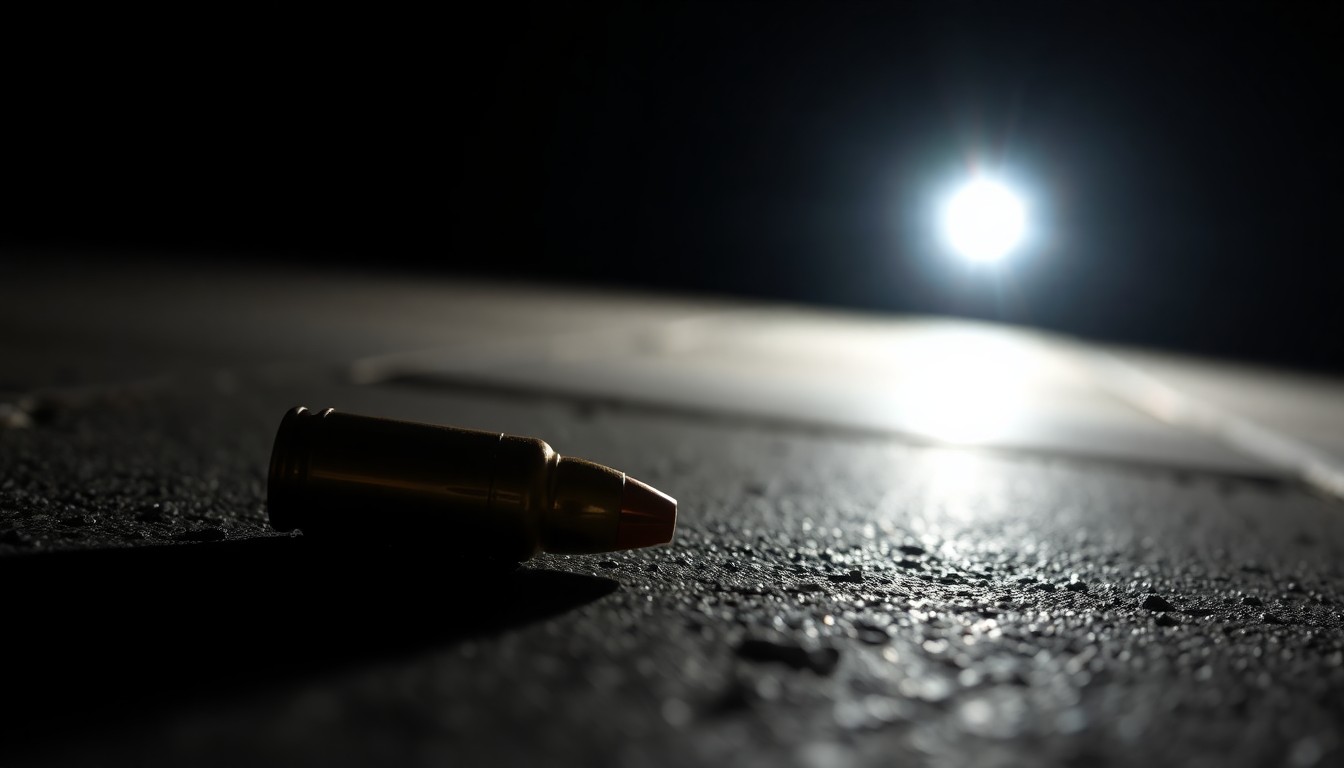 An extreme close-up photograph of a spent bullet casing on the sidewalk, lit by a harsh camera flash against a pitch-black background, conceptually illustrating the aftermath of a sudden, violent crime.