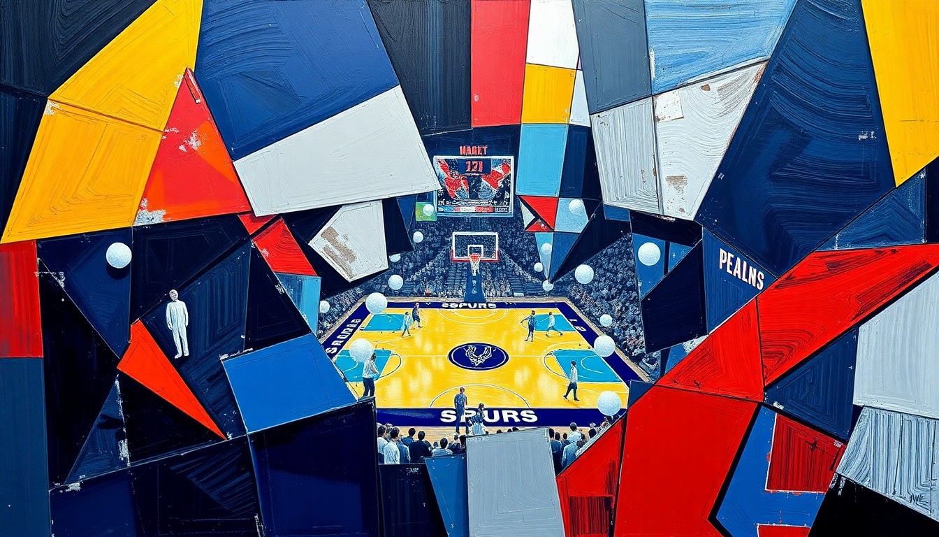 A cubist, geometric painting depicting a Spurs basketball game, with sharp, overlapping planes of navy blue, silver, and red creating a sense of movement and energy on the court.