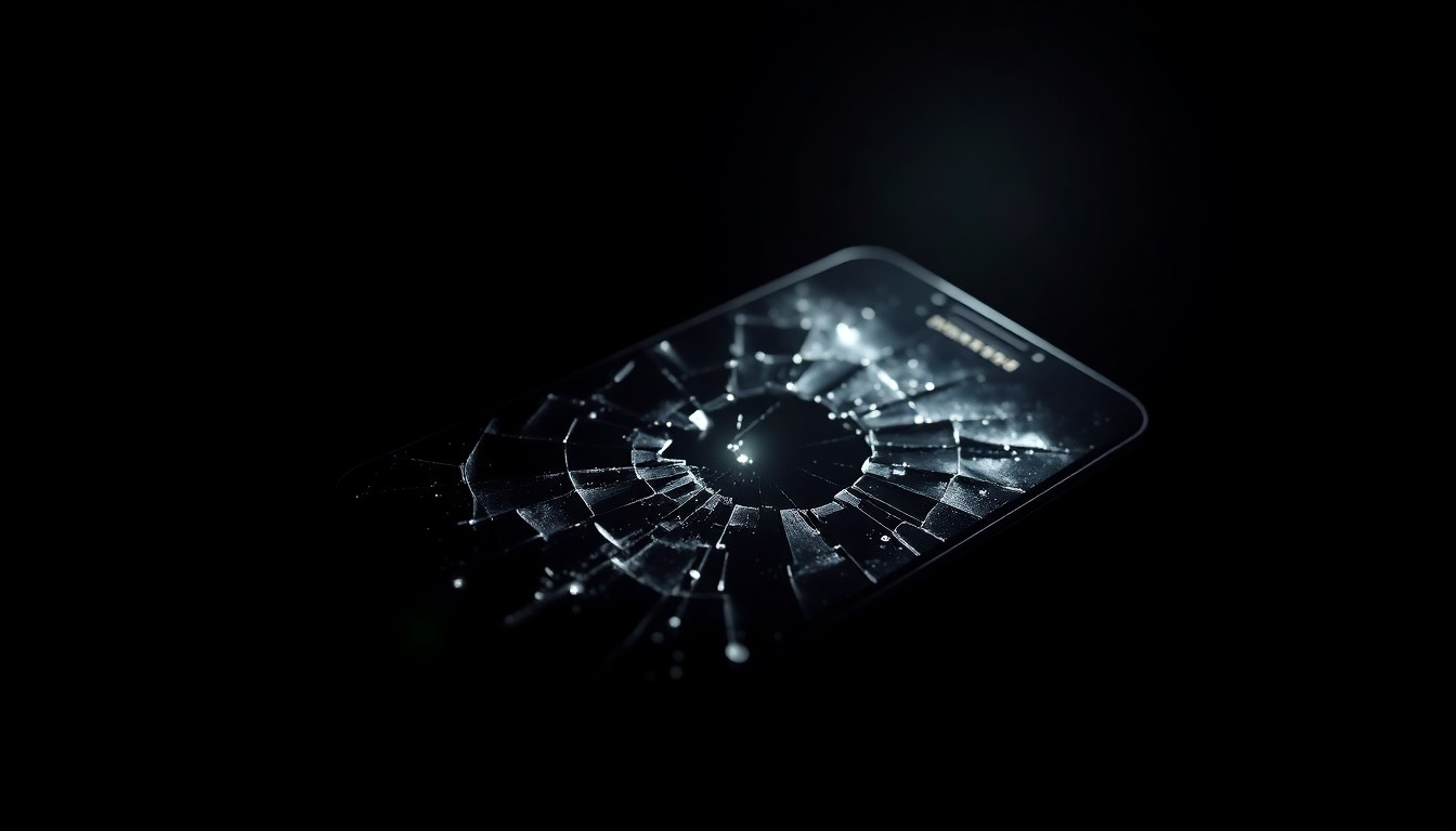 An extreme close-up photograph of a cracked and shattered cell phone screen, lit by a harsh, direct camera flash against a pitch-black background, conceptually representing the aftermath of a street robbery.