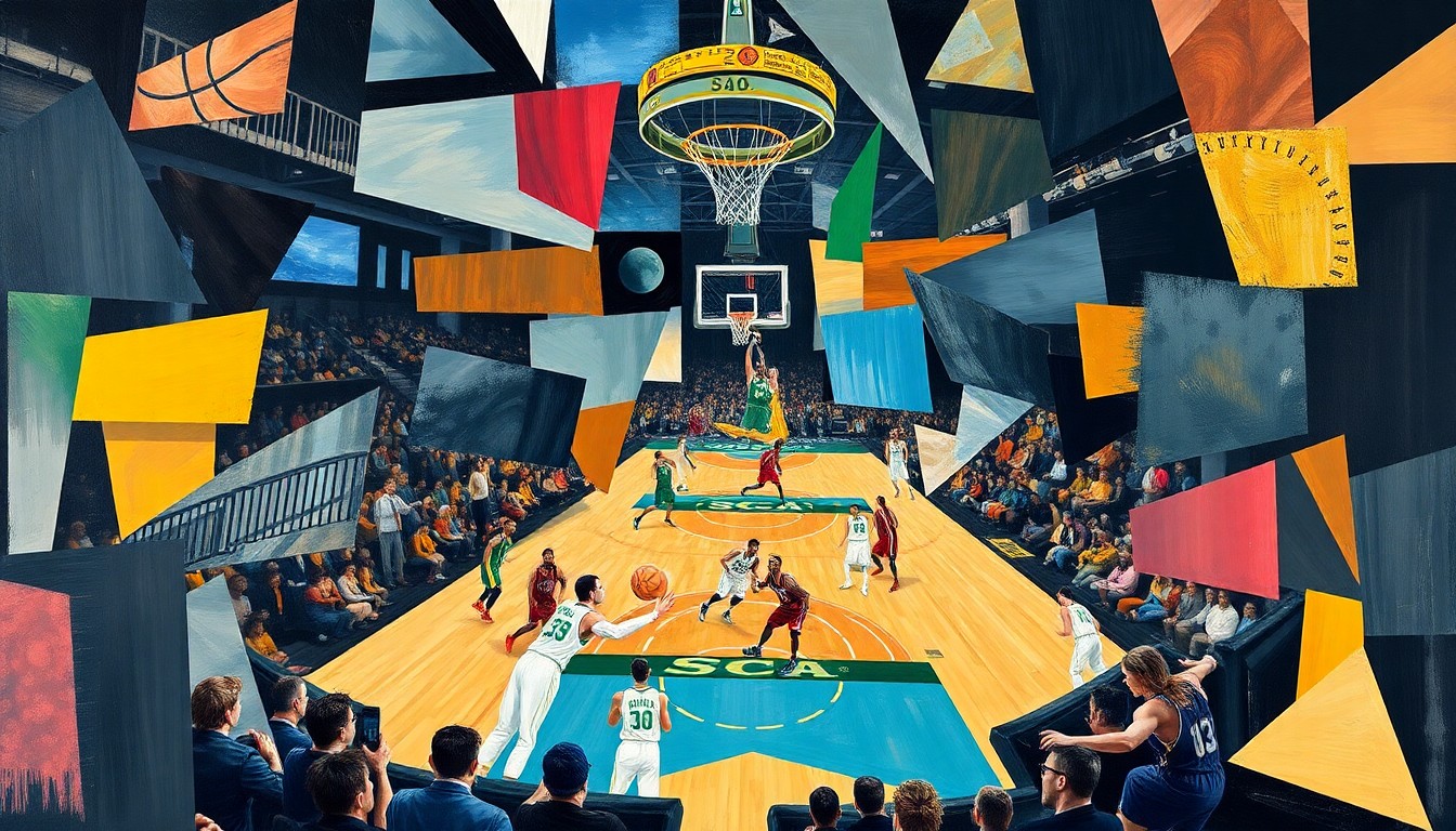 A fragmented, geometric painting depicting the chaotic energy of a fast-paced NBA basketball game, with players and the court broken down into sharp, overlapping shapes and planes of color.