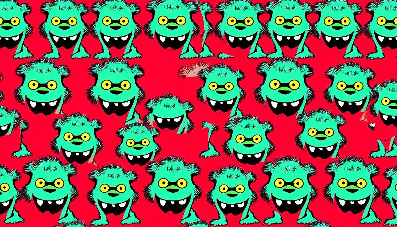 A bold, colorful silkscreen-style illustration featuring a repeating grid of a small, friendly-looking lake monster character in bright neon shades, conceptually representing the whimsical and empowering nature of the Tessie the Monster children's book series.