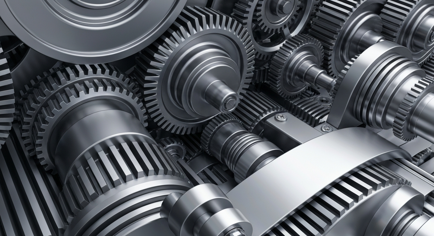 An extreme close-up of complex, interlocking metal gears and machinery, conveying the secure, powerful infrastructure of a major financial institution.