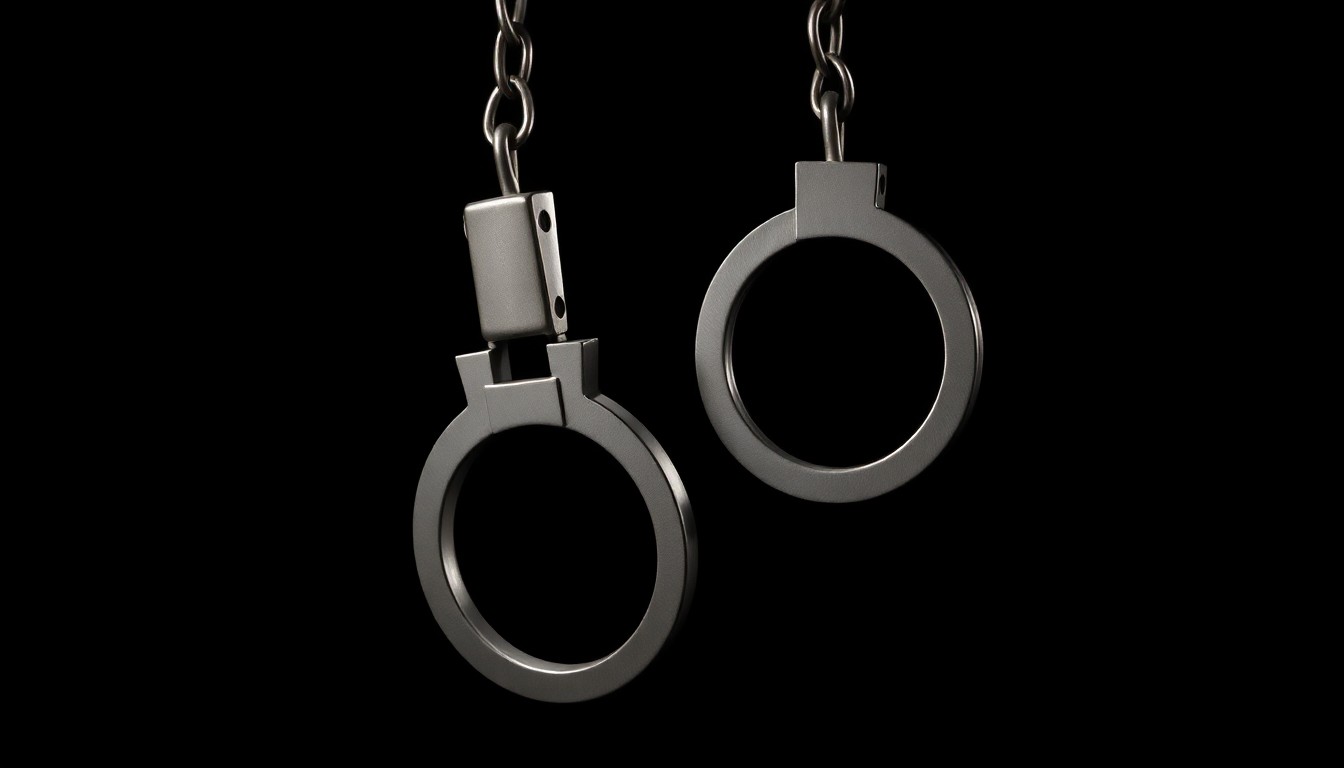 An extreme close-up photograph of a pair of handcuffs against a pitch-black background, lit by a harsh, direct camera flash, conceptually representing the complex legal issues surrounding a high-profile public corruption case.