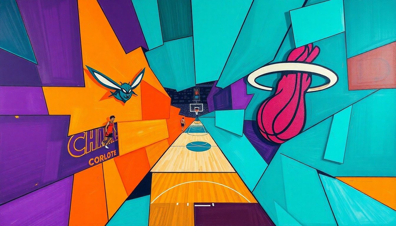 A fractured, cubist-style painting depicting a basketball game in progress, with the players and court rendered in overlapping geometric shapes and planes of vibrant teal, orange, and purple colors, capturing the energy and intensity of the playoff-caliber matchup.