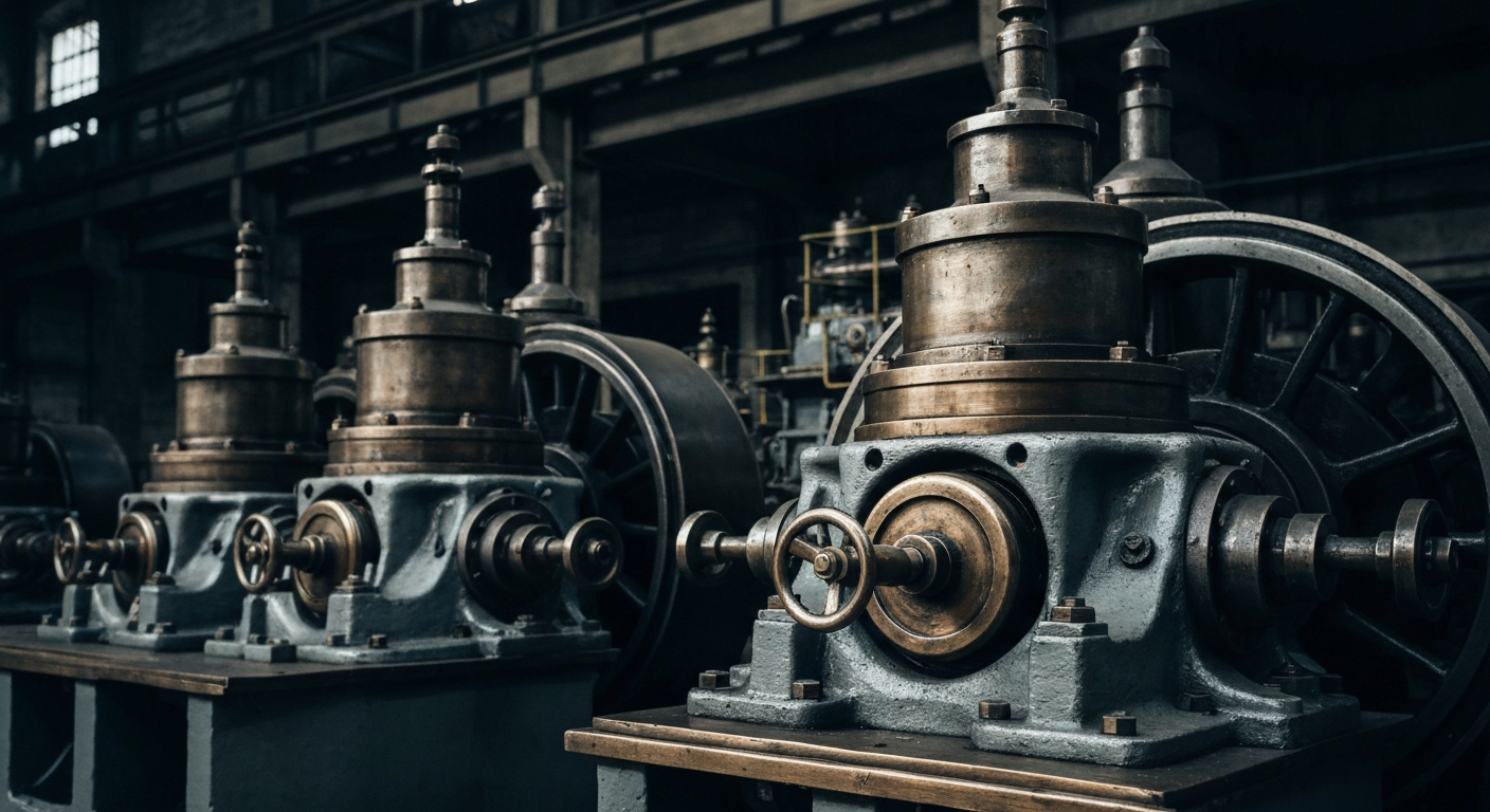 A highly detailed, black and white close-up photograph of the gears, levers, and mechanisms of an industrial banking machine, conveying the tangible, physical nature of financial systems.