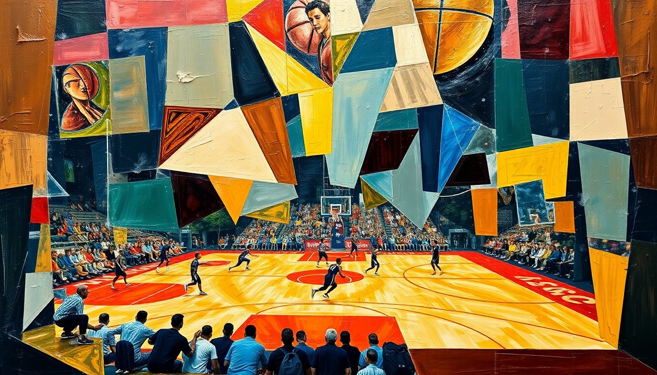 A cubist, geometric painting depicting a basketball game or match, with the players and court broken down into sharp, overlapping planes of color and shape, capturing the energy and intensity of the sport.
