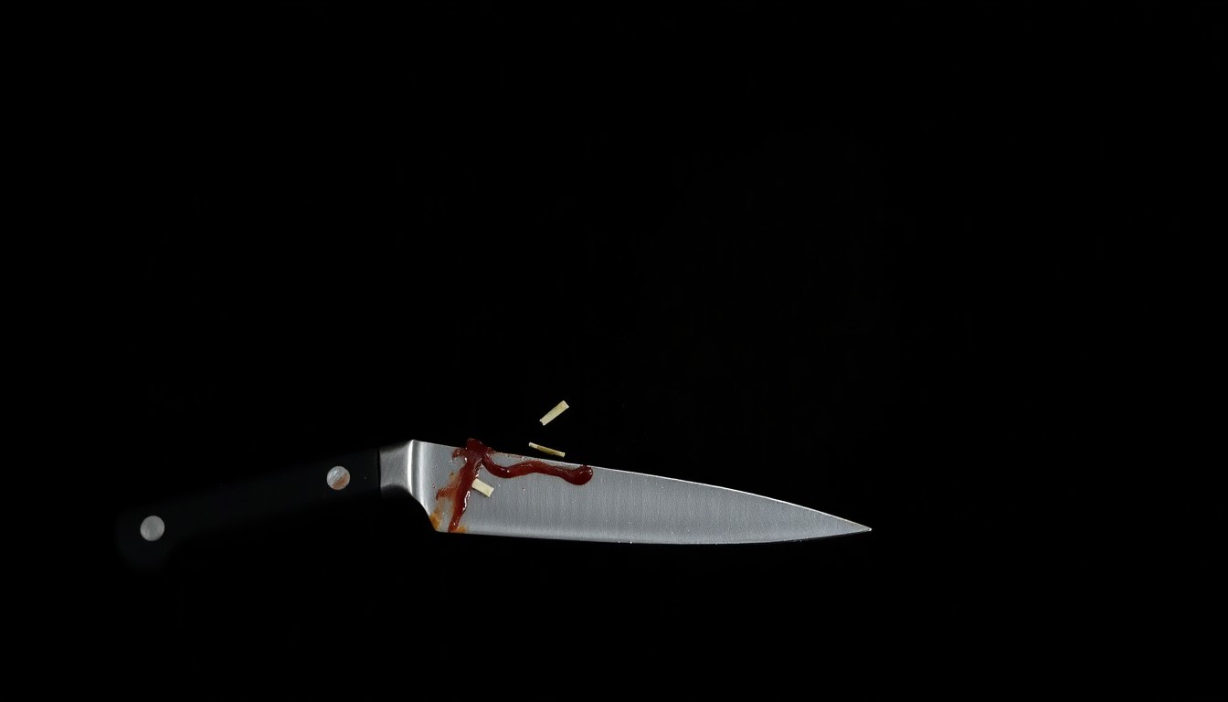 An extreme close-up photograph of a broken kitchen knife or pair of scissors against a pitch-black background, lit by a harsh, direct camera flash, conceptually representing the violent incident and investigation without depicting any literal violence.