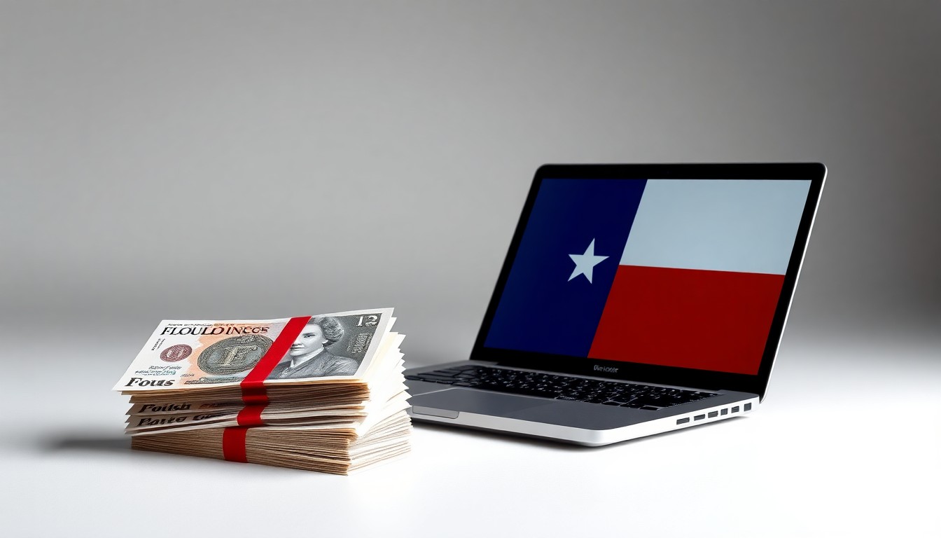 A minimalist studio still life photograph featuring a stack of British pound notes, a Texas state flag, and a modern laptop computer, symbolizing the state's efforts to court UK businesses and financial firms.