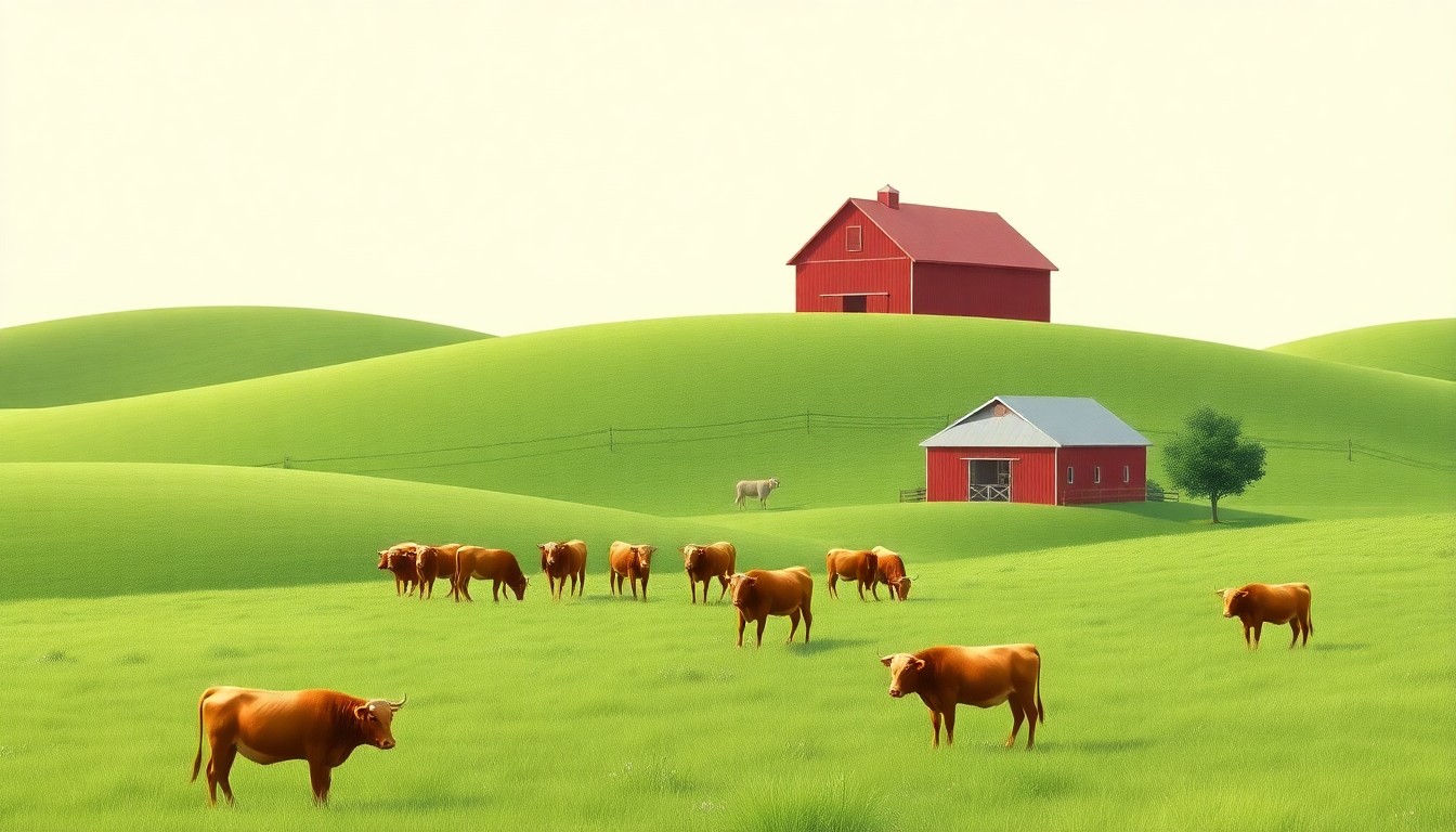 A stylized 3D digital illustration depicting a pastoral scene with rolling hills, a red barn, and a herd of Pineywoods cattle grazing in the foreground, representing the traditional cattle ranching culture of the Pineywoods region.