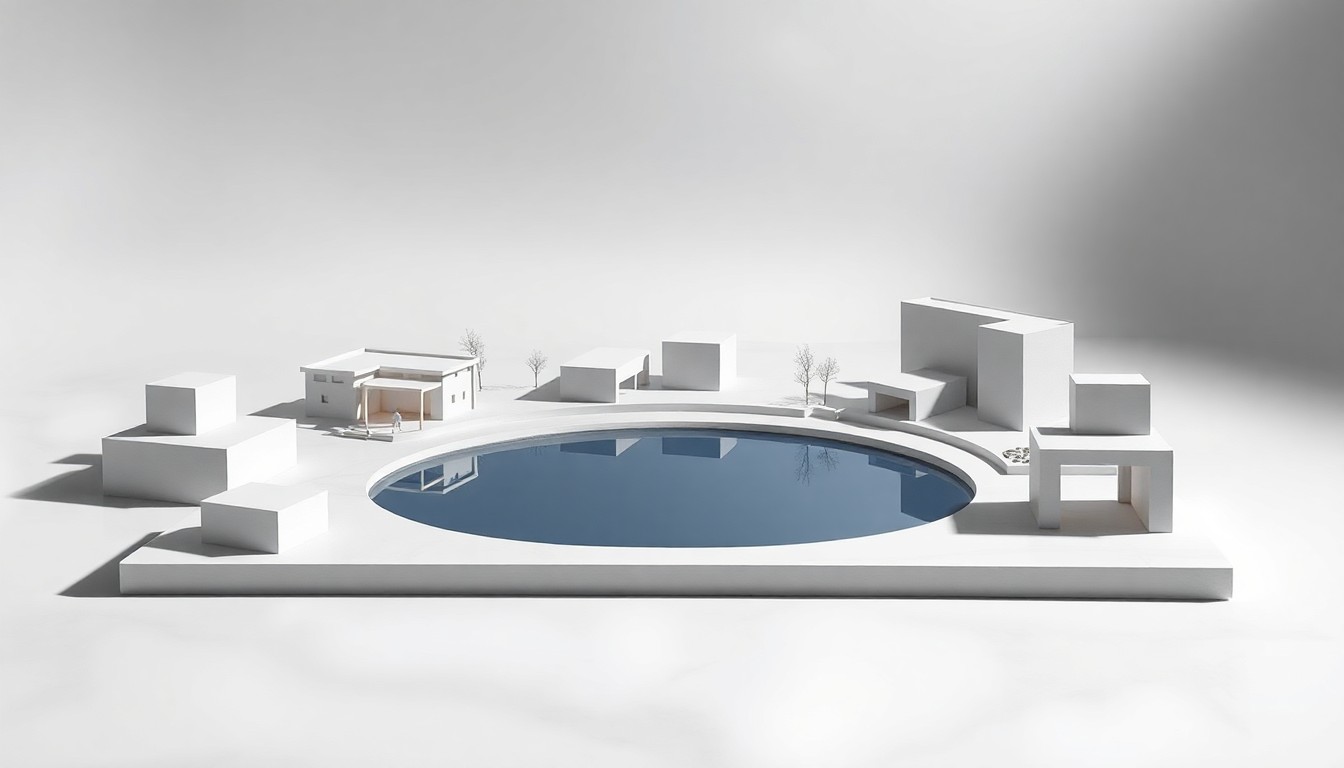 A high-end, photorealistic studio still-life photograph featuring a polished, geometric model of a small lake or pond surrounded by abstract architectural forms, representing the conceptual vision for the Broomfield Town Square development.