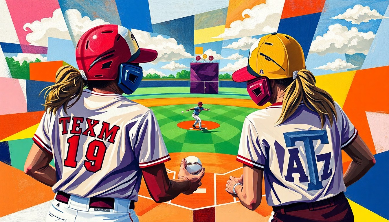 A cubist, geometric painting depicting a softball game in motion, with the players and field broken down into sharp, overlapping planes of vibrant colors representing the team uniforms.