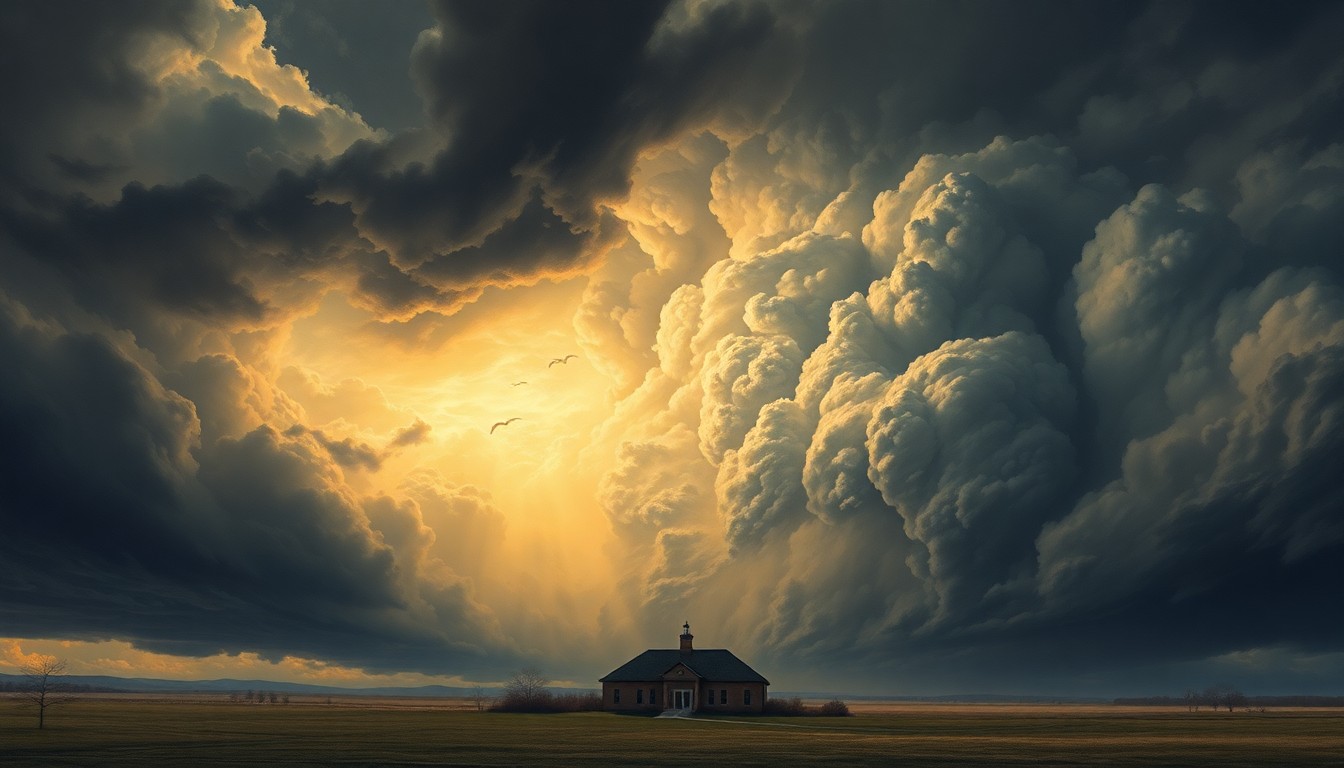 A vast, atmospheric landscape painting depicting an imposing storm system looming over a small community center building, conveying the overwhelming power of nature and the importance of having accessible shelters during extreme weather events.
