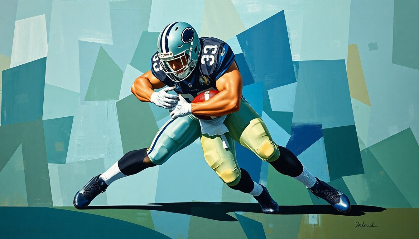A fragmented, cubist-style painting depicting a defensive lineman making a tackle, with the player's form broken down into sharp, angular planes of color that create a sense of motion and energy.