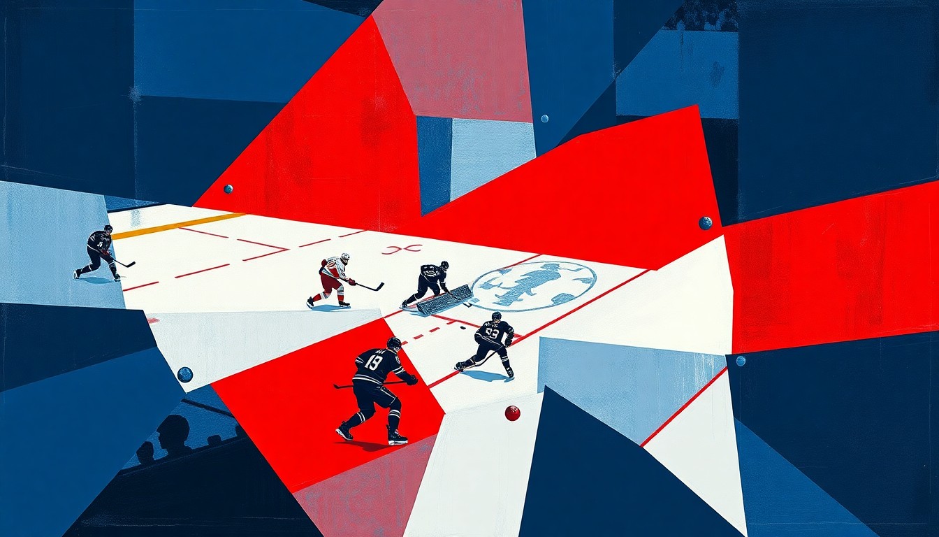 A cubist-style painting depicting a hockey game broken down into sharp, overlapping geometric shapes in navy, red, and white, conveying the energy and potential of the Blackhawks' prospect pipeline.