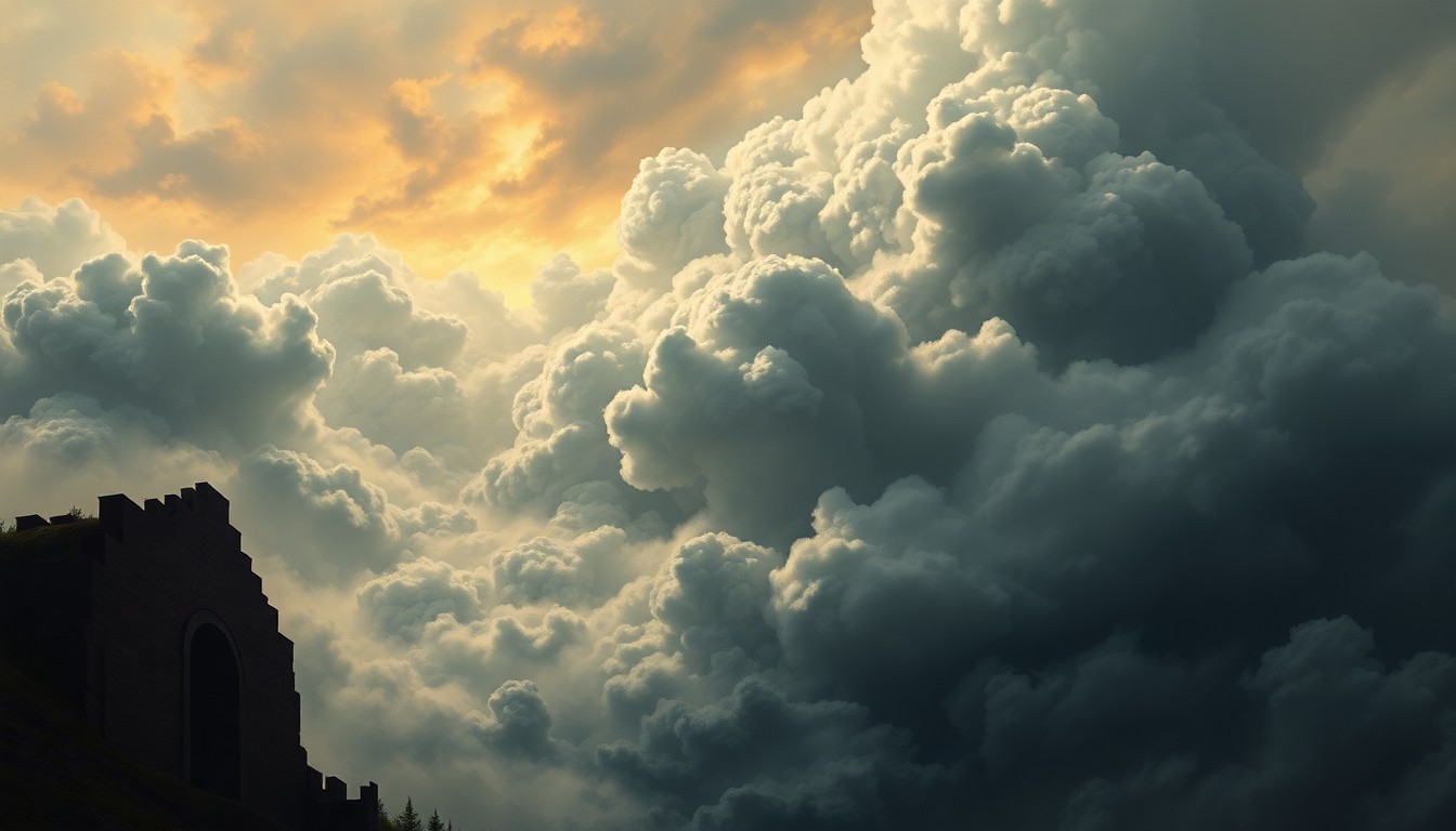 A sweeping, atmospheric landscape painting in muted tones of grey, brown, and orange, depicting a massive plume of thick smoke obscuring the horizon and dwarfing any visible structures, conveying the overwhelming scale and power of a natural disaster.