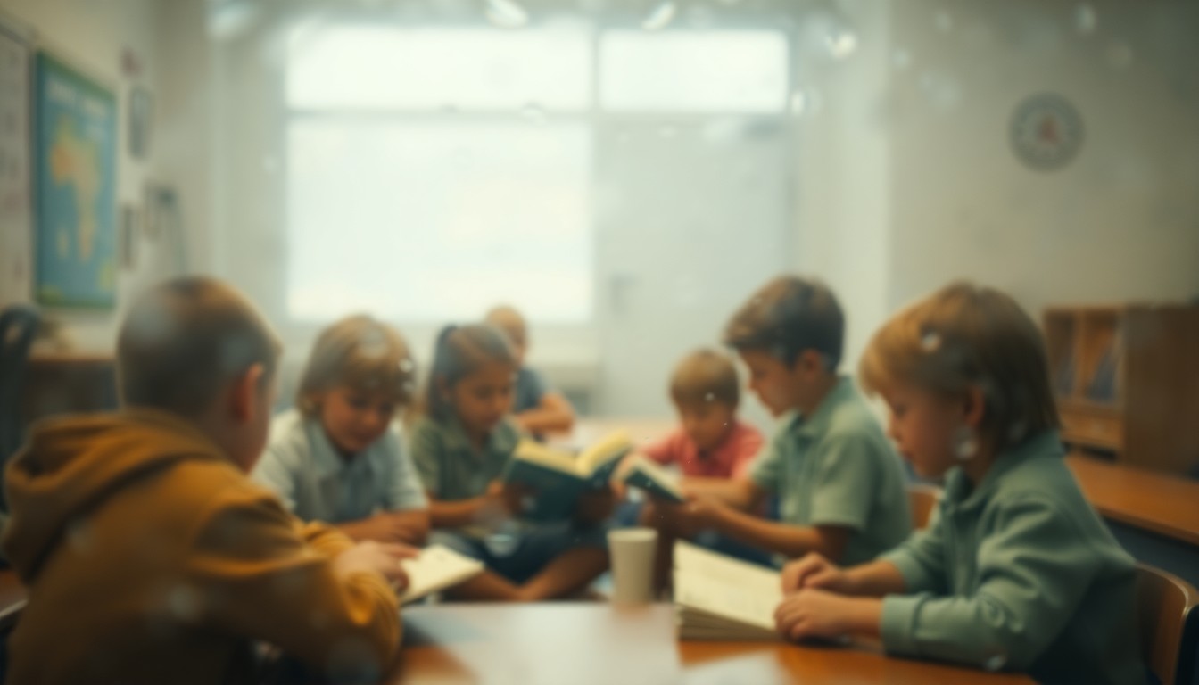 An abstract, impressionistic scene of blurred, softly colored shapes suggesting the outline of a small group of elementary school students engaged in a reading lesson, conveying the thoughtful, introspective atmosphere of early literacy instruction.