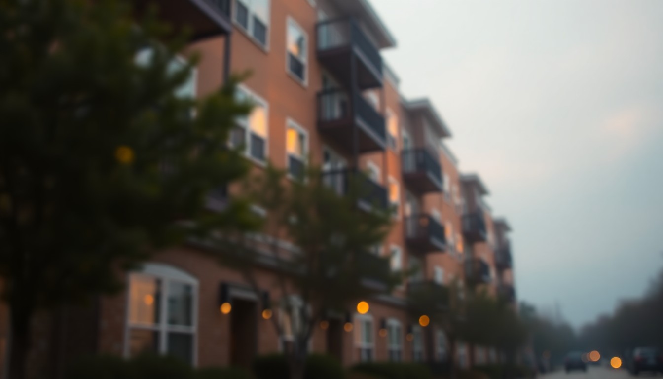 An abstract, out-of-focus photograph of apartment buildings, with warm, blurred pools of light and color creating a dreamlike, atmospheric scene that conceptually represents the uncertainty surrounding OU's housing policy changes.