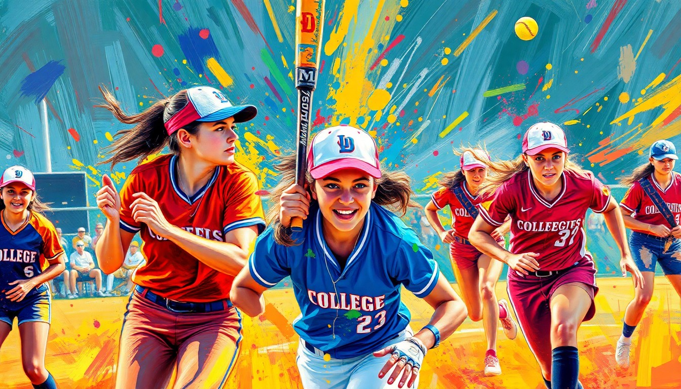 An abstract, energetic painting featuring bold brushstrokes in neon colors, capturing the dynamic motion and raw intensity of a college softball game.